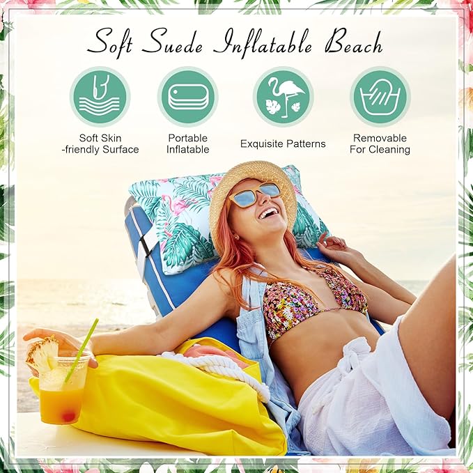 Menkxi Inflatable Beach Pillow with Removable Cover Outdoor Pool Pillow Beach Chair Pillows for Sand Inflatable Camping Pillow for Travel Vacations, Tropical Flamingo