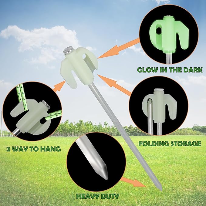 Glow in The Dark 22pcs Tent Stakes, 8 inch Heavy Duty Tent Stakes, Galvanized Non-Rust Forged Steel Tent Pegs Ground Stakes Canopy Stakes for Camping, Garden, Canopies, Inflatables, Outdoor