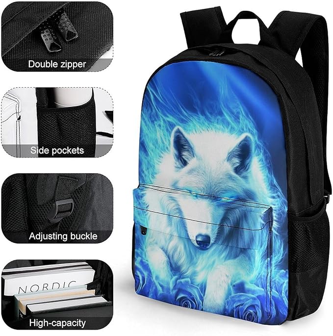 Rucksack Multipurpose Anti-Theft Big Capacity Shoulder Bag, Blue Fire Flame Rose Wolf Travel Hiking Camping Rucksack With Side Pockets