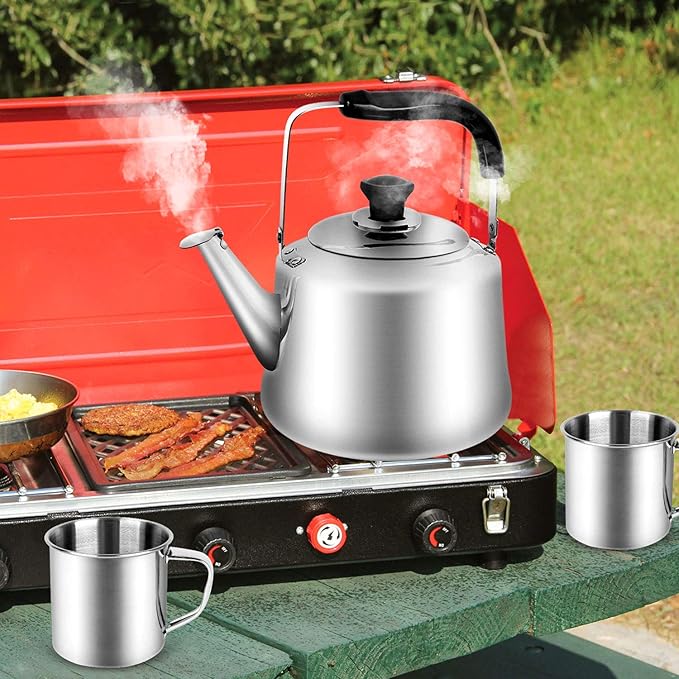 Odoland 4L Camping Kettle Set with 4 Cups, Durable Stainless Steel Camp Tea Coffee Water Pot with 4 Mugs for Hiking, Backpacking, Outdoor Camping and Picnic, Carrying Bag Included