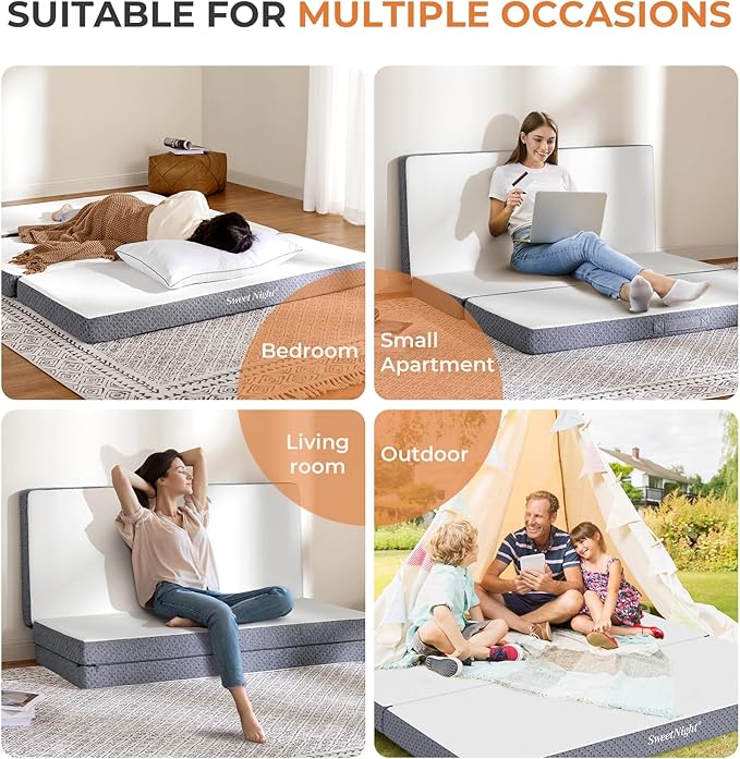 Sweetnight Tri Folding Mattress - 4-inch Foldable Mattress with a Collapsible and Washable Cover | Medium-Firm with Non-Slip Design | Suitable for RV Travel, Camping, Guest （Full）