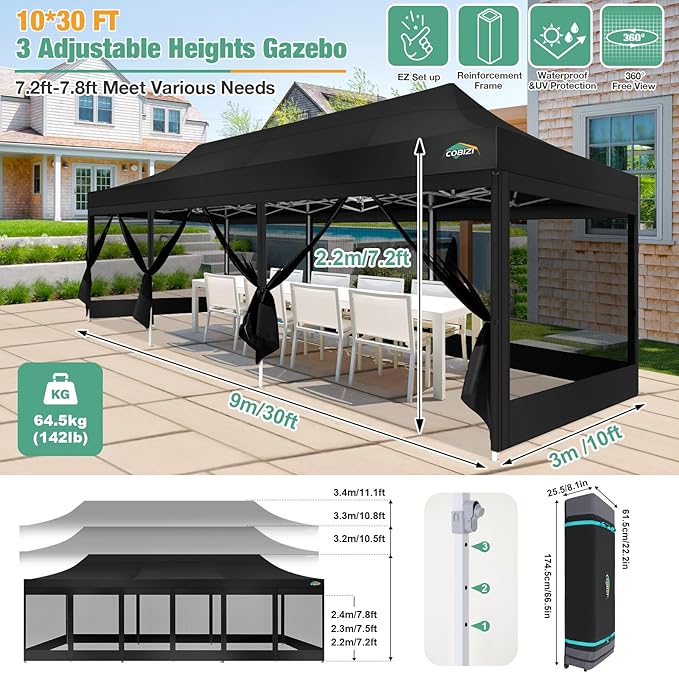 COBIZI 10x30 Canopy Tent, Heavy Duty Pop up Canopy with Sidewalls, Waterproof Easy Setup Canopy with Mosquito Netting, Outdoor Instant Screen Tents for Parties, Wedding with Roller Bag, Black