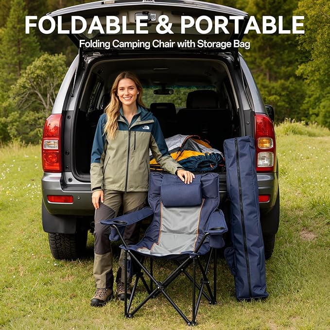 Heated Camping Chairs For Adults, 3 Heating Level For Back And Seat, Foldable Camping Chairs With Cup Holders & Pillow For Outdoor Sports, Camping, Patio, Picnics, Battery Not Included, Navy