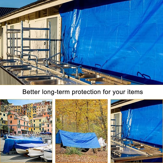 Blue Tarp, Tarps Heavy Duty Waterproof 8x16, Waterproof Plastic Poly 16 Mil Thick Tarpaulin with Metal Grommets Every 19.5 Inches - Emergency Rain Shelter, Outdoor Cover, and Camping Use