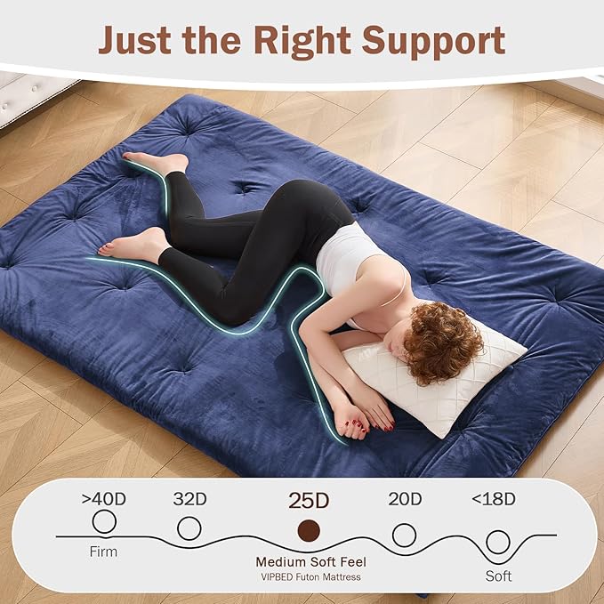 Japanese Floor Futon Mattress Full Size 54"x 80", 2.5'' Thick Foldable Roll Up Floor Bed Sleeping Pad, 25D Foam Filled Tatami Mat with Straps for Guest Room, Dormitory & Camping, Blue