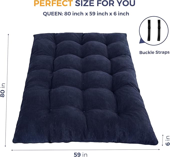 MAXYOYO 6" Japanese Floor Mattress, Foldable Futon Mattress Queen Size, Tufted Roll Up Floor Bed, Thick Tatami Mat Sleeping Pad Portable Lounger for Camping Guest Room Dormitory Bedroom RV, Navy
