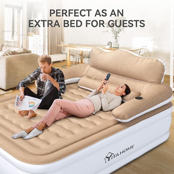 YITAHOME Queen Size Air Mattress with Headboard, 18in Inflatable with Pillow, Blow Up Mattress with Removable Electric Pump, Comfort Air Bed Queen for Camping & Home, Brown