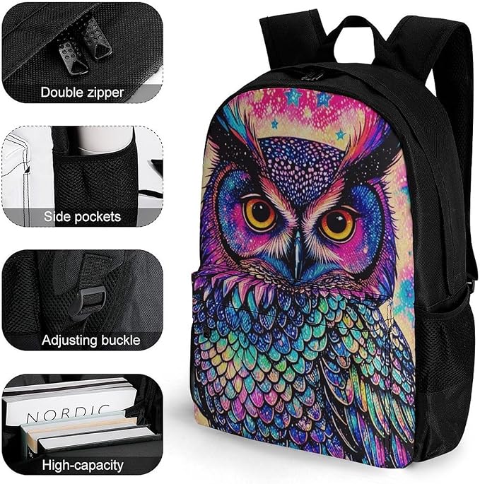 Supdreamc Rucksack Polyester Anti-Theft Multipurpose Galaxy Owl Bookbag Big Capacity Travel and Sport Backpack Rucksack With Side Pockets