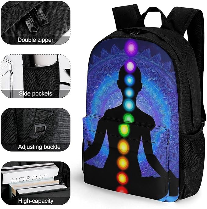 Lightweight Daypack for Camping Business Walking Cycling, Large Capacity Anti-Theft Multipurpose Bookbag, Nine Chakra Yoga Meditation Lotus Blue Mandala Gym Outdoor Hiking Backpack
