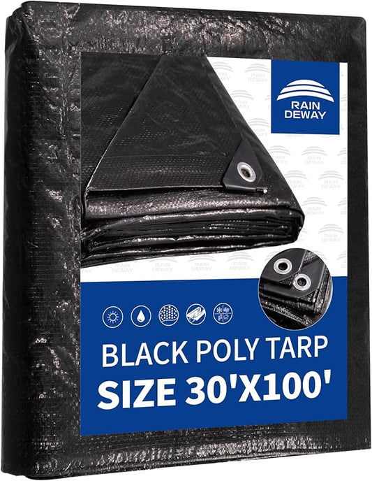RAINDEWAY Extra Large Tarp 30x100, 8 Mil Thick, Black Tarps Heavy Duty Waterproof, UV Resistant, Cover with Metal Grommets and Reinforced Edges, Finished Size