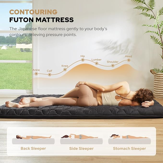 Japanese Floor Mattress, Futon Mattress Full Size 3" Thick Portable Sleeping Pad with High Density Foam, Foldable & Comfortable Tatami Mat for Adult, Roll Up Lounger Camping Bed, Gray