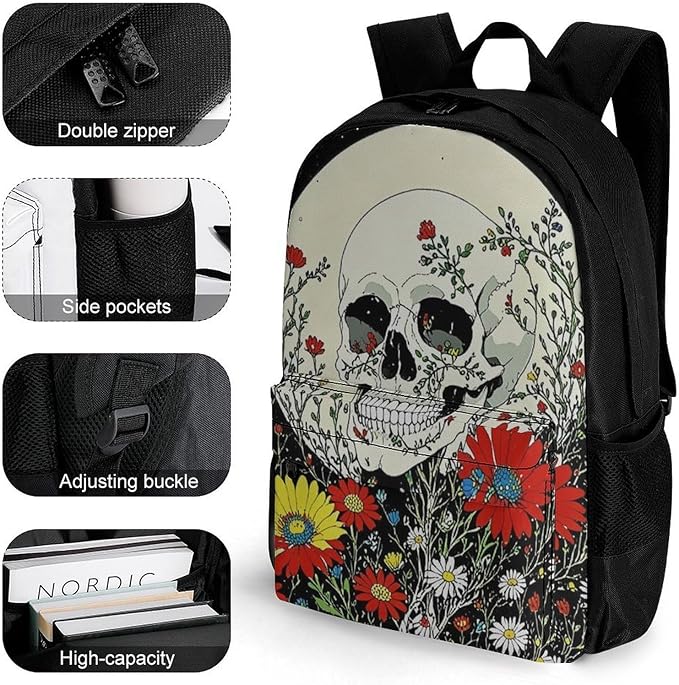 Supdreamc Backpack Lightweight Anti-Theft Multipurpose Psychedelic Skull Skeleton Floral Art Shoulder Bag Large Capacity Travel Hiking Backpack With Padded Straps