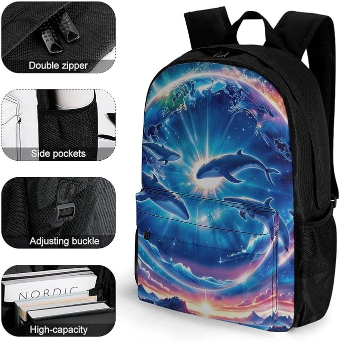 Daypack Backpack Multipurpose Anti-Theft Large Capacity Bookbag, Galaxy Dolphin Star Space Travel Hiking Camping Rucksack With Adjustable Shoulder Straps