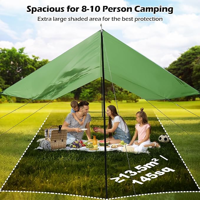 AYAMAYA Camping Tarp with Poles Heavy Duty, 10 x 15 FT Extra Large Waterproof Tarp Tent Awning, Hammock Rain Fly Sun Shelter for Camping, Beach, Picnic, Outdoor Activities