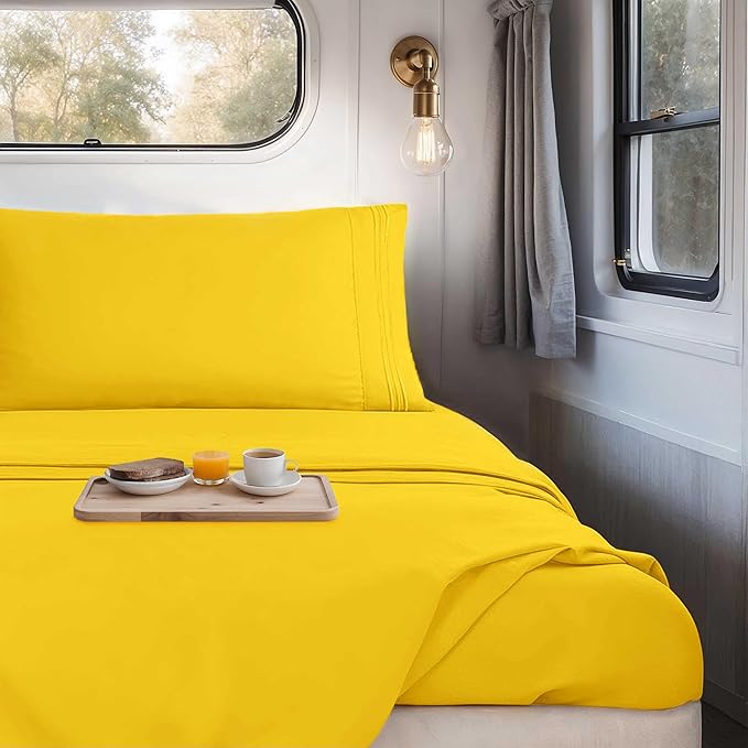 Hearth & Harbor Short Queen Sheets for RV, Yellow RV Queen Sheets, Silky Soft 1800 Microfiber Bed Sheet for Camper, 4 Piece RV Bedding with Pillowcases