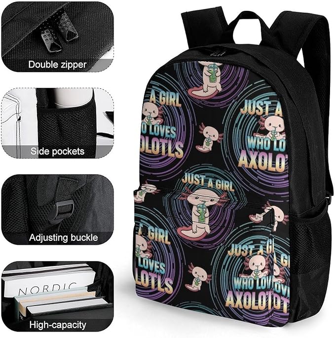 Multipurpose Business Travel Rucksack Cute Animals Pink Axolotls Prints Funny Black College Bookbag with Large Capacity Backpack for College Men Women