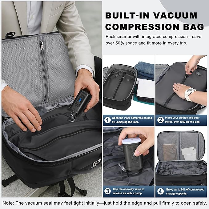 POSO Vacuum Backpack Travel – 60L Expandable Vacpack Backpack with Vacuum Pump/TSA Lock/Laptop Compartment (Fits 17"), Water-Resistant Compression Bag for Flight & Business (Grey)