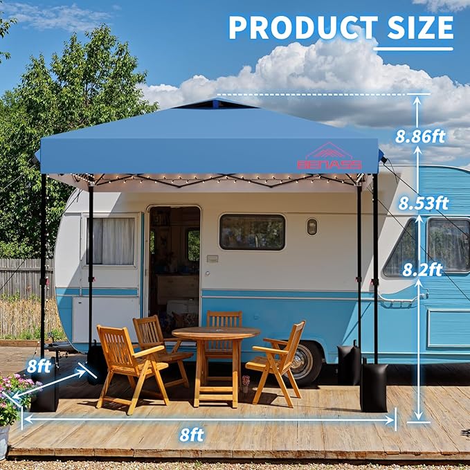 8x8 Pop Up Canopy with Sidewalls, Easy Up Canopy Tent, Heavy Duty Tents for Parties, One Person Set Up Event Tent, Light Blue