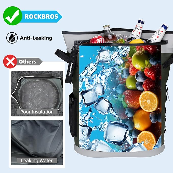 ROCKBROS Soft Cooler Backpack 36 Can Insulated Soft Sided Cooler Bag Leak-Proof with Removeable Pockets Portable for Picnic Beach Camping Outdoor Party