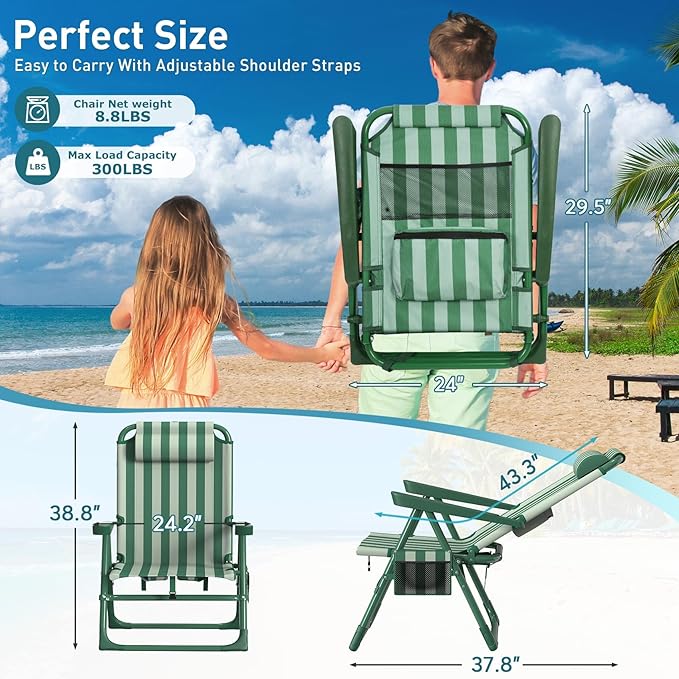 Suteck Backpack Beach Chairs for Adults 2 Pack, 6-Position Folding Reclining Chair with Cooler Bag & Cup Holder, Lightweight Portable Beach Chair for Camping, Outdoor, Sand, Travel Use