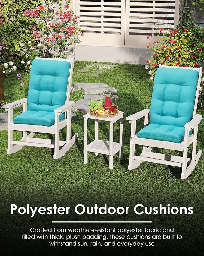 GREENVINES Rocking Chair Cushions Set of 4 | Polyester | Waterproof | Outdoor High Back Rocker Chairs Cushion | Seat with Ties | Non-Slip | Thickened Pad for Patio | 46.5" x 18.5" x 4.3" | Arctic