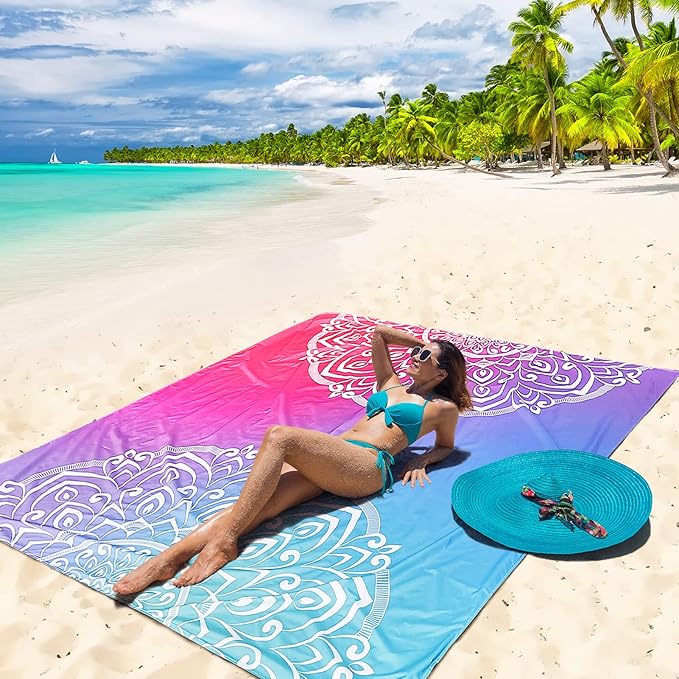 Beach Blanket, Sandproof Beach Mat, Waterproof Quick Drying Lightweight Outdoor Aztec Picnic Mat 79" X 83"/120"x108" for 2-8 Adults for Travel, Camping, Hiking