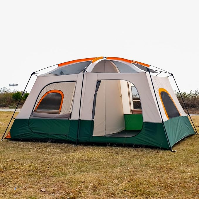 KTT Large Tent 6-8-10-12 Person,Family Cabin Tents,2 Rooms,2 Doors and 4 Windows with Mesh,Straight Wall,Waterproof,Double Layer,Big Tents for Outdoor,Picnic,Camping,Family Gathering