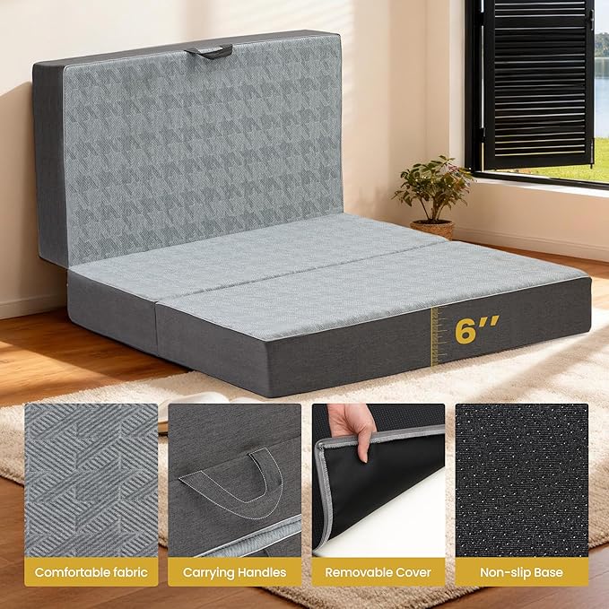 Tri Folding Mattress Twin Size - 6 Inch Dual-Layer Memory Foam Foldable Mattress Portable Futon Sofa Bed with Removable Washable Cover, Handle & Non-Slip Bottom for Guest, Camping, RV, Yoga, Home Use