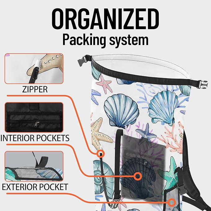 Waterproof Dry Bag Marine Dry Bags for Kayaking Hiking Sea Shell Coral Nautical Starfish Backpack Roll-Top Closure Bag - Backpack Waterproof Phone Case 5L