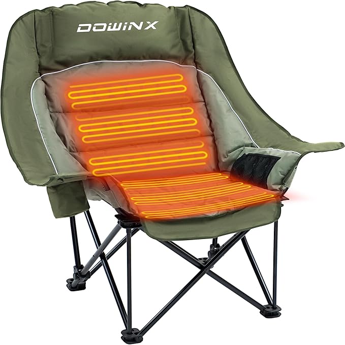 Dowinx Heated Camping Chair for Adults - Oversized Extra Large Folding Chair with Adjustable Padded Seat, Cup Holder, 400 lbs Capacity, Green