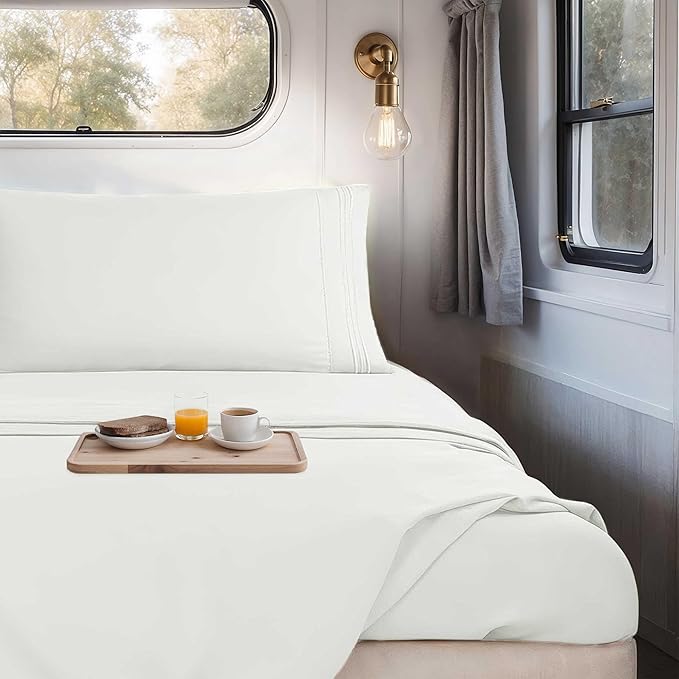 Hearth & Harbor Short Queen Sheets for RV, Off White RV Queen Sheets, Silky Soft 1800 Microfiber Bed Sheet for Camper, 4 Piece RV Bedding with Pillowcases