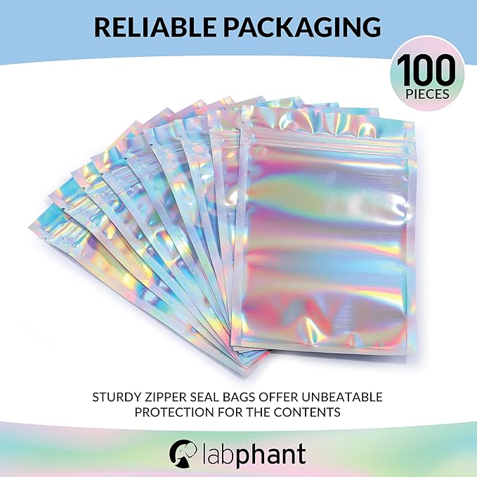 Mylar Bags with Zipper Seal 3.3 x 5.5" | 100 Bags | Rainbow Holographic | Sealable Heat Seal Bags for Candy and Food Packaging, Medications and Vitamins | For Liquid and Solids (3.3" x 5.5")