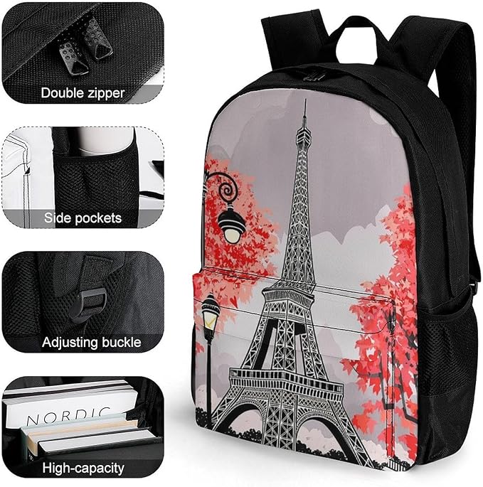 Supdreamc Daypack Backpack Polyester Anti-Theft Multipurpose Paris European City Landscape France Eiffel Tower Oil Art Bookbag Big Capacity Travel Hiking Camping Rucksack With Smooth Zippers