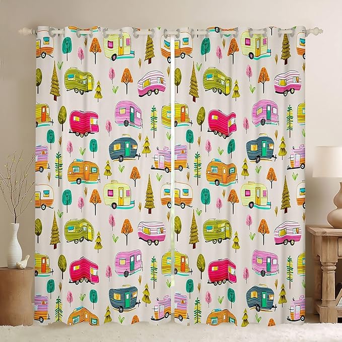 Feelyou Camper Camping Blackout Curtains RV Travel Trailer Darkening Drapes for Bedroom Living Room Decor Camping Theme Thermal Insulated Shades Window Treatments, 2 Panels 42 x 63 Inch