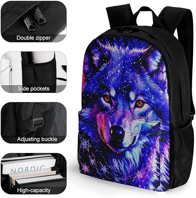 Men Women Lightweight Galaxy Wolf Magical Space Art Daypack Bookbag Big Capacity Carry On Bag With Side Pockets for Camping Travel Bicycle