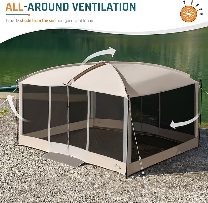 Magnetic Screen House Tent 13x9ft Screen Room Mesh Gazebos w/ 2 Magnetic Doors, Included Projection Screen, Camping Tent Screened Canopy Shelter for Outdoor Patios Backyards Activities (Beige)