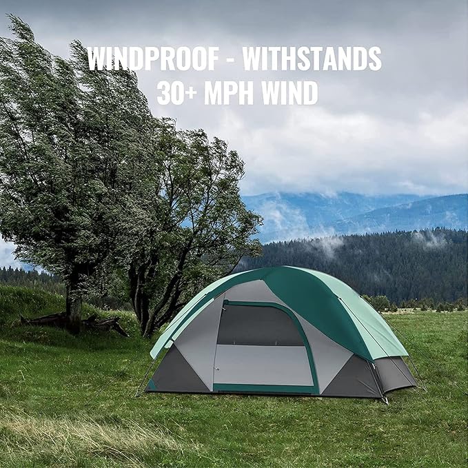 6 Person Camping Tent, Outdoor Family Tent with Removable Rainfly for Backpacking, Hiking, Windproof and Waterproof Dome Tent for Comfortable Trip, Easy Set Up(Green)