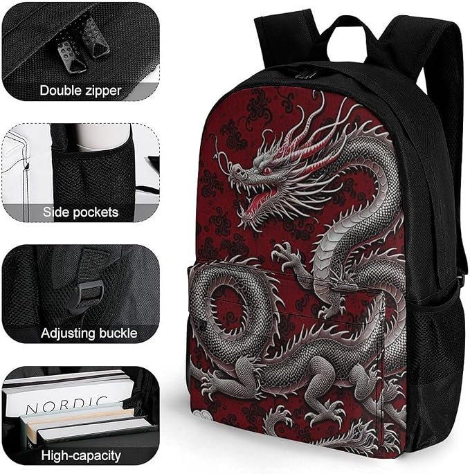 Supdreamc Backpack Anti-Theft Multipurpose Large Capacity Carry On Bag, Chinese Dragon Art Camping Outdoor Backpack With Side Pockets
