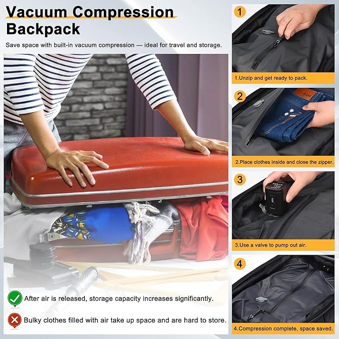POSO Vacuum Backpack Travel with Pump - 60L Expandable Air Compression System, Vacuum Seal Easyvacpack w/Detachable Wheels, Water Resistant Carry-On Luggage for Traveler Graduate, TSA Lock - Black