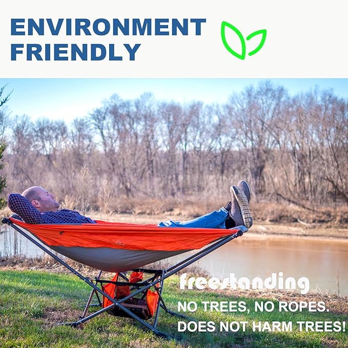 Portable Hammock with Stand, World's Best Mock ONE® Hammock, Compact Folding Framed Hammock with Adjustable Sunshade Canopy for Park, Backyard, Garden, Camping, Hiking, Mountaineering, Beaches- Orange