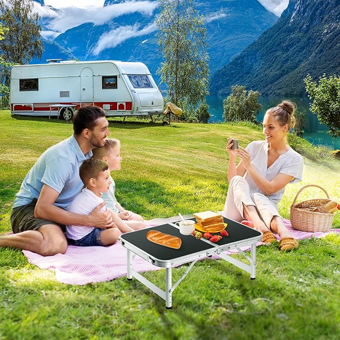 Small Folding Table 2FT Foldable Camping Table Portable Picnic Table Aluminum 2 Height Adjustable Outdoor Beach Card Black 23.6×15.7 inch