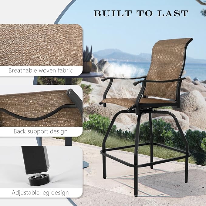 LEVELEVE Patio Bar Set 2pcs Swivel Bar Stools Outdoor Bistro Textilene Furniture Stability All-Weather Set (Dark Brown Fabric)