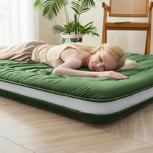 Japanese Floor Futon Mattress Full Size, 4" Thicken Foldable Mattress Tatami Mat Sleeping Pad, 32D Foam Filled Traditional Shiki Futon (shikibuton), Designed in Japan (Green 54"x 80")