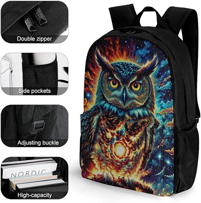 Rucksack Anti-Theft Multipurpose Big Capacity Carry On Bag, Galaxy Nighthawk Owl Traveling Camping Backpack With Side Pockets
