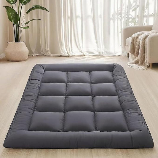 Japanese Floor Mattress Foldable & Portable Roll Up Futon Mattress 3" Grey Tatami Mat for Adult and Kids，Shredded Memory Foam Filled with Straps Sleeping Pad Suitable for Camping，60"x 80" Queen Size