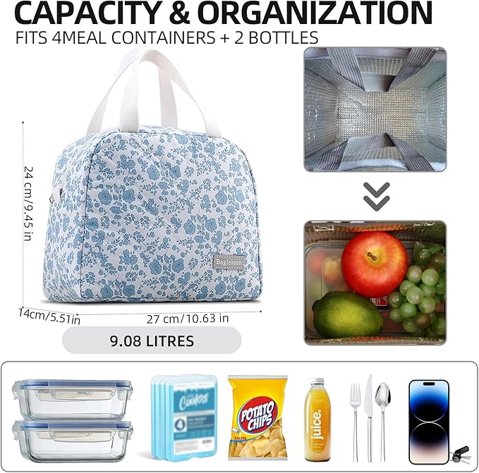 Insulated Lunch Bag for Women – Stylish Reusable Lunch Tote, Cute Thermal Lunch Bags for for Work&Picnic&Travel – Premium Insulated Lunch Bag for Women with Quilted Design (CottonBlueFlower)