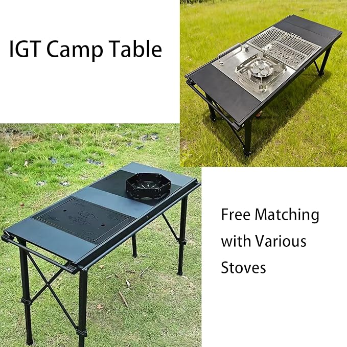 IGT Camping Table with Extended Frames, Portable and Foldable Outdoor IGT Camp Tables, Ultralight Height Adjustable Camp Table with Carry Bag for Car Camping Picnic RV Trip Patio Backyard