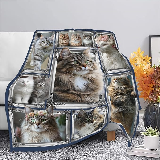 Maine Coon Cat Blanket Cute Kitten Throw Blankets Gifts for Girls Boys Kids Cat Lover Soft Cozy Fleece Plush for Couch Sofa Bed 80"x60"