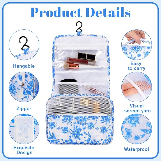 Pengxiaomei Toiletry Bag for Women, Waterproof Hanging Cosmetic Bag Portable Makeup Pouch Multifunction Handle Travel Toiletry Bag for Easter Gifts(Blue)