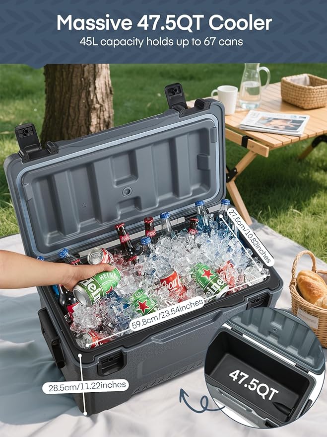 Cooler, Portable Hard Cooler with Dual Latches, Insulated Ice Chest with Swing-up Side Handles, Molded Ruler＆Cup Holders, Coolers Keeps Cool for 3+ Days, Camping Fishing Road Trips Beach, 47.5 QT